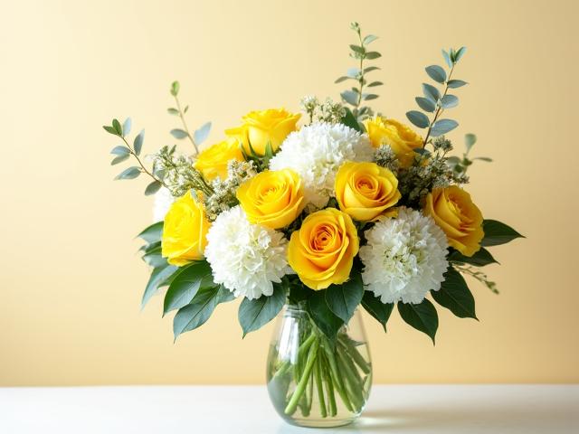 Ramo Amanecer en Monserrate: Rosas amarillas y blancas con eucalipto, evocando un amanecer andino.