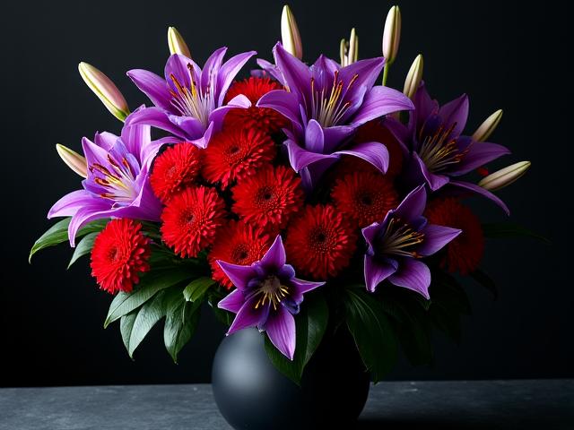 Ramo Pasión Bogotana: Claveles rojos intensos y lirios morados, reflejando el espíritu vibrante de la ciudad.