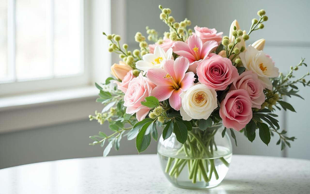 Un hermoso y vibrante ramo de flores frescas en un jarrón elegante, con iluminación suave y natural.